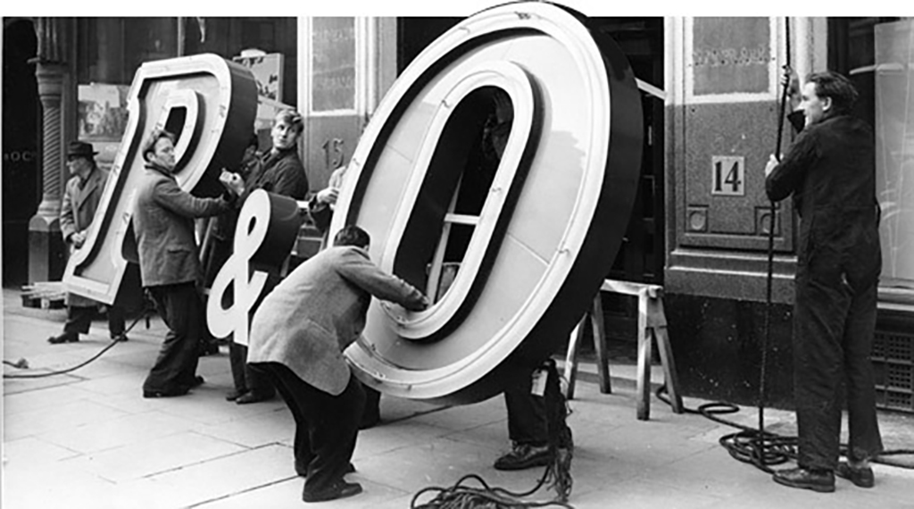 P&O neon sign being installed at the P&O Head Office at Cockspur Street in 1956 
